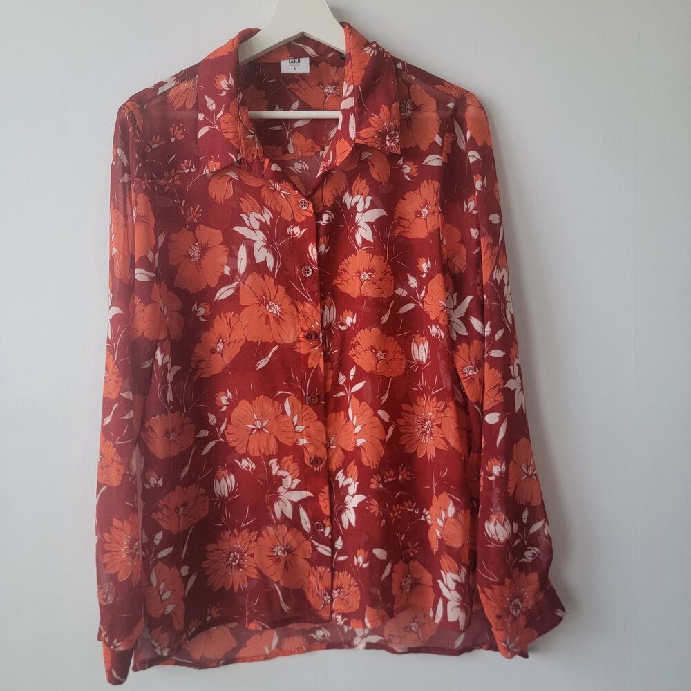 Cabi womens Hothouse Semi Sheer Blouse size L Red Orange Floral long sleeve